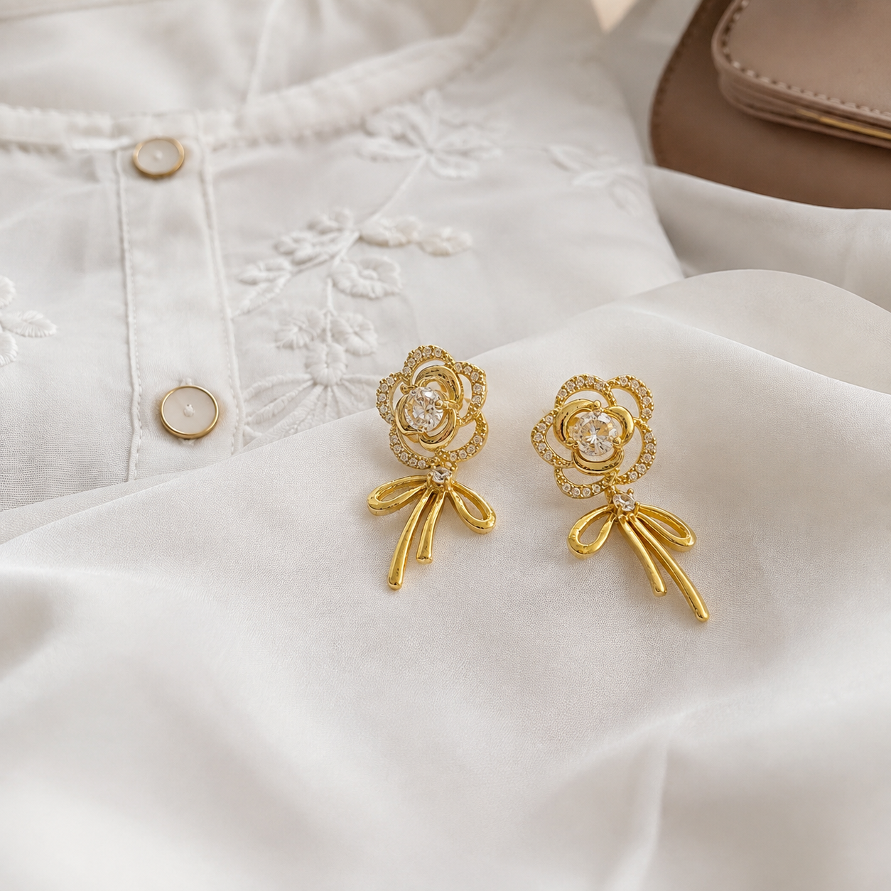 Rose & Ribbon Bow Crystal Gold Drop Earrings