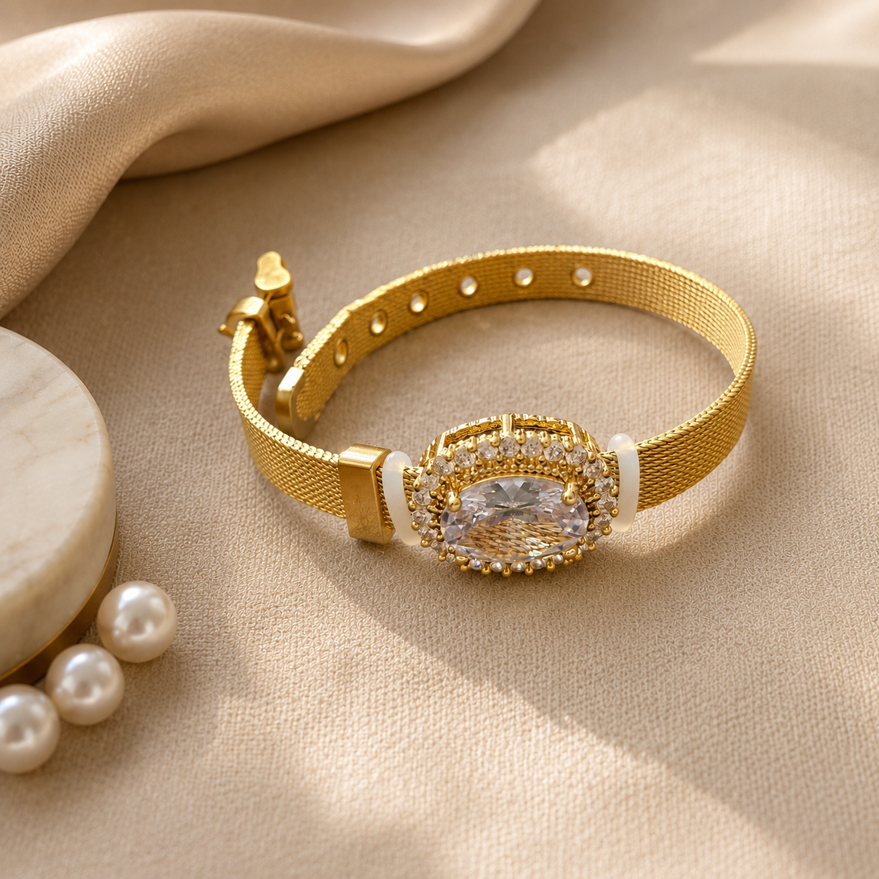 Oval Crystal Halo Gold Mesh Belt Bracelet