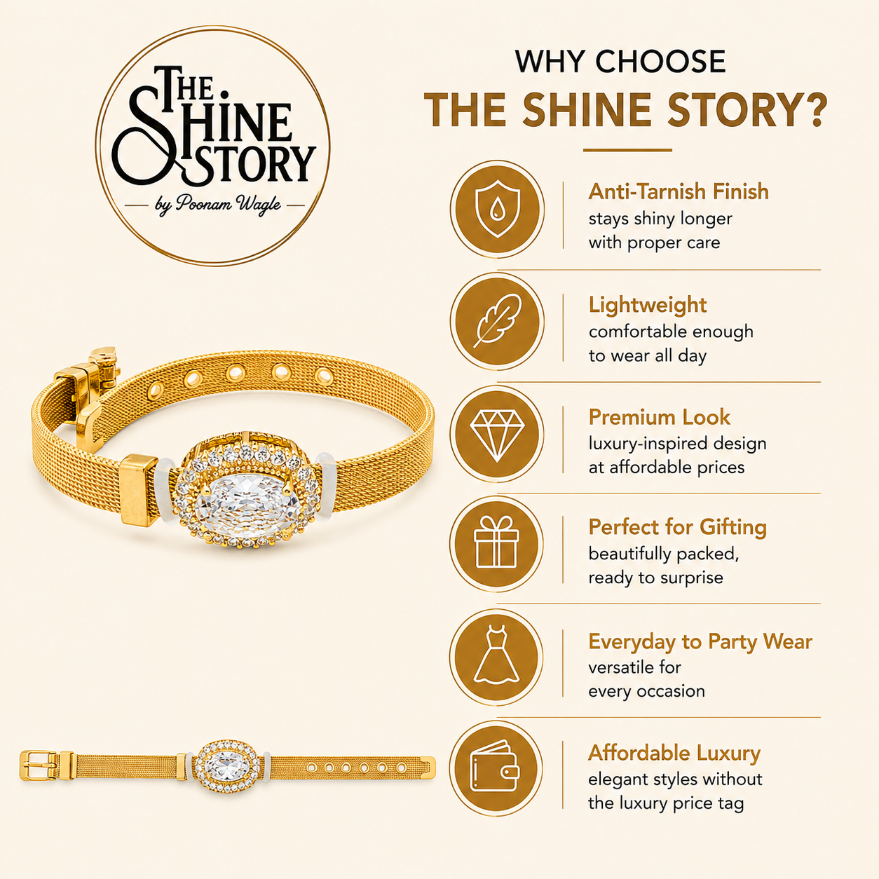 Oval Crystal Halo Gold Mesh Belt Bracelet