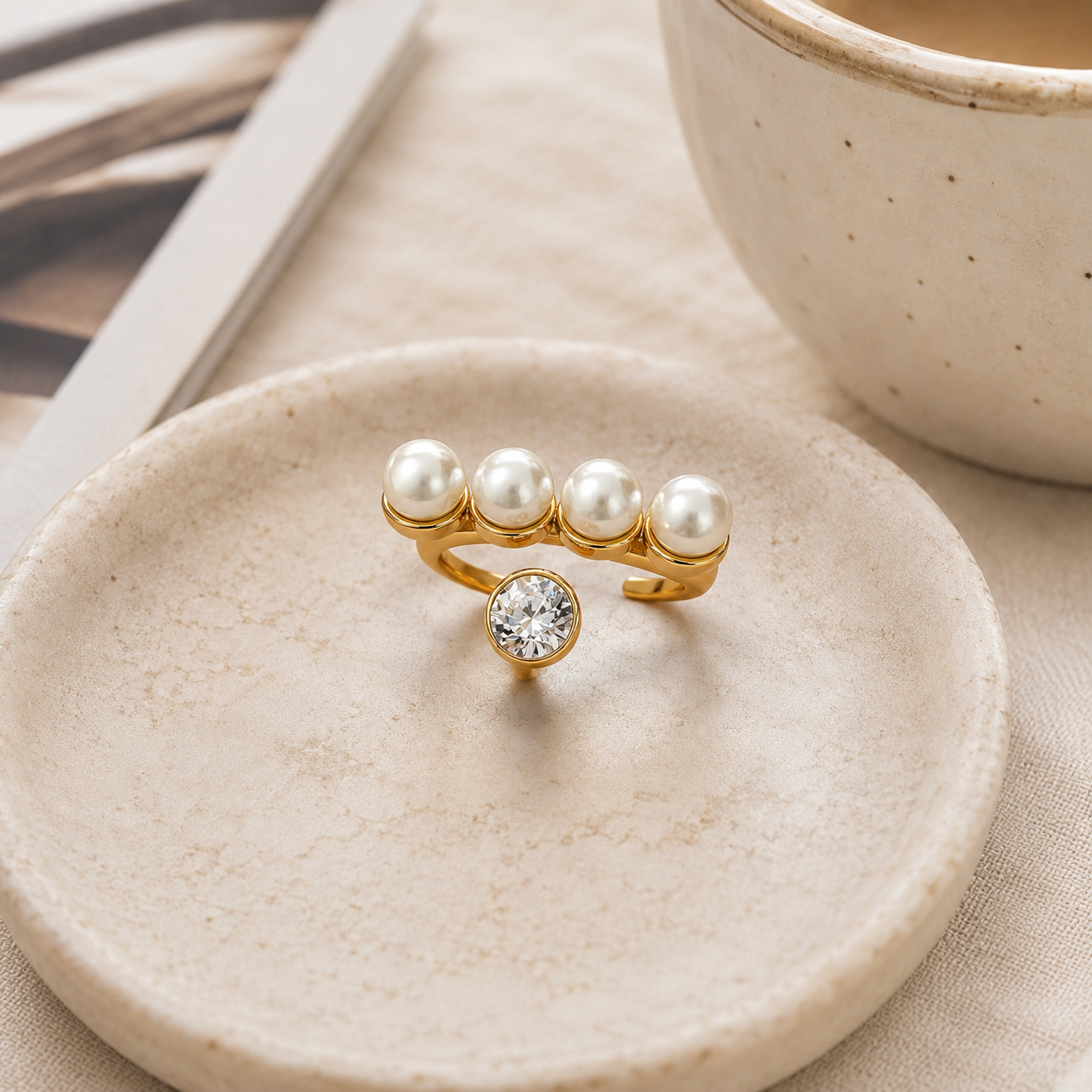 Pearl Bar & Crystal Open Ring