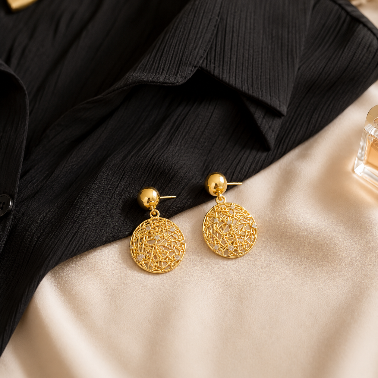 Woven Gold & Crystal Disc Drop Earrings