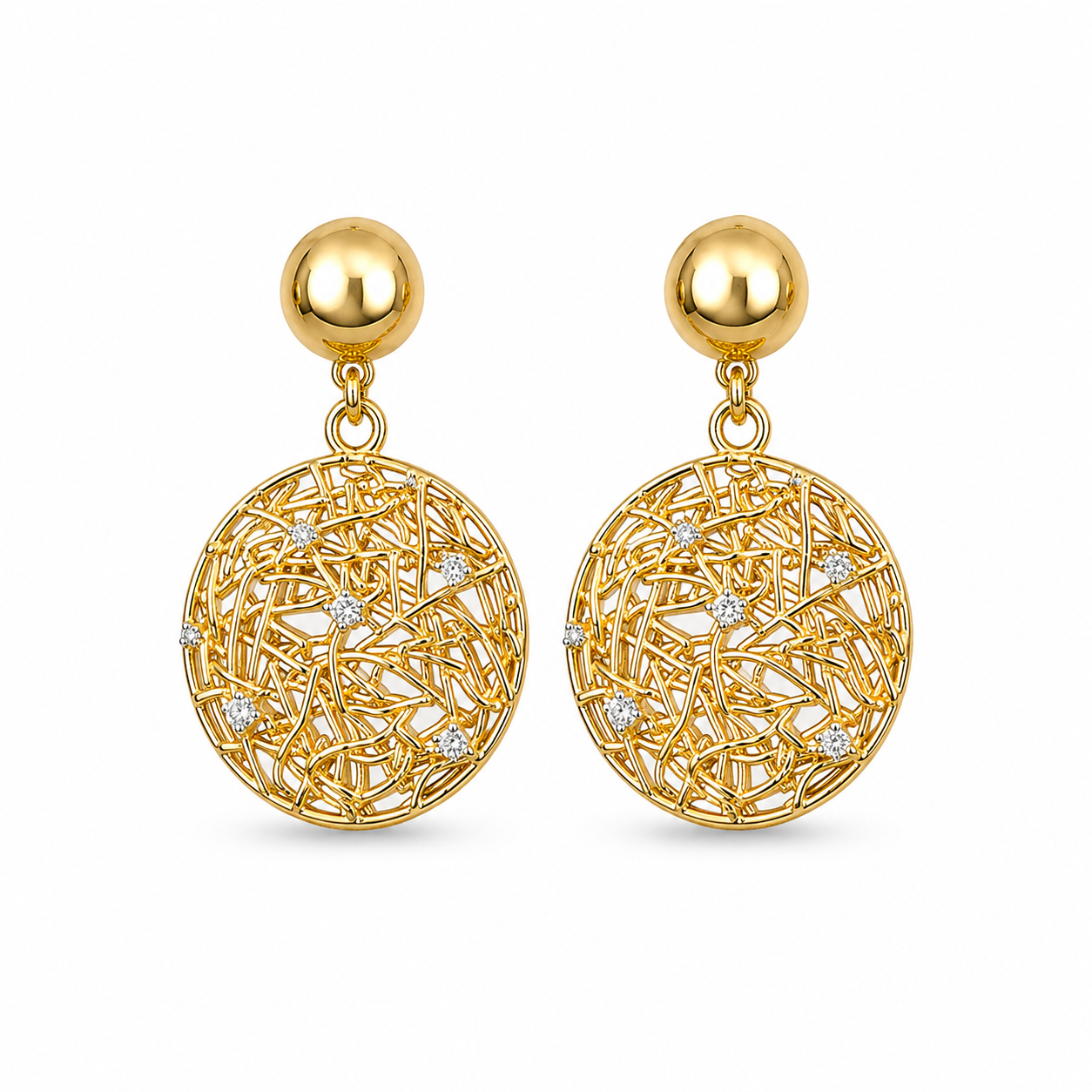 Woven Gold & Crystal Disc Drop Earrings