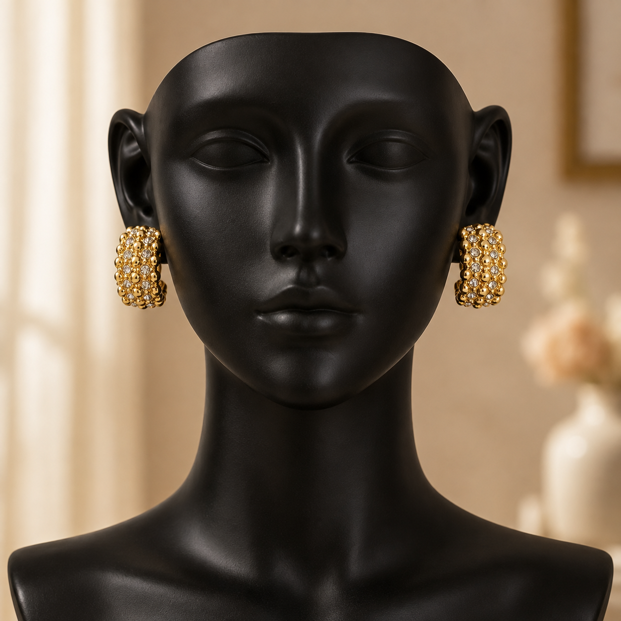 Beaded Gold & Crystal Wide Huggie Hoop Earrings