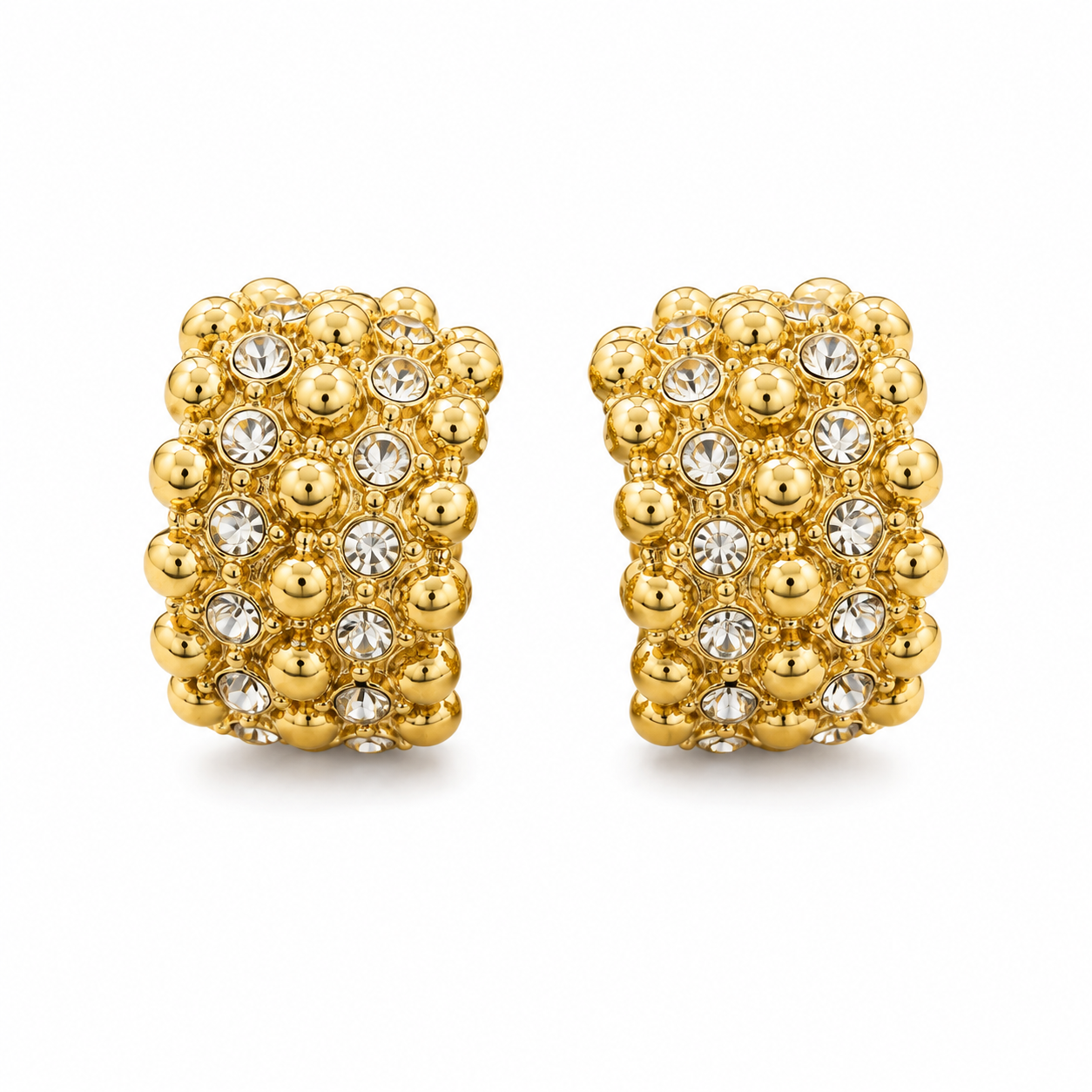 Beaded Gold & Crystal Wide Huggie Hoop Earrings