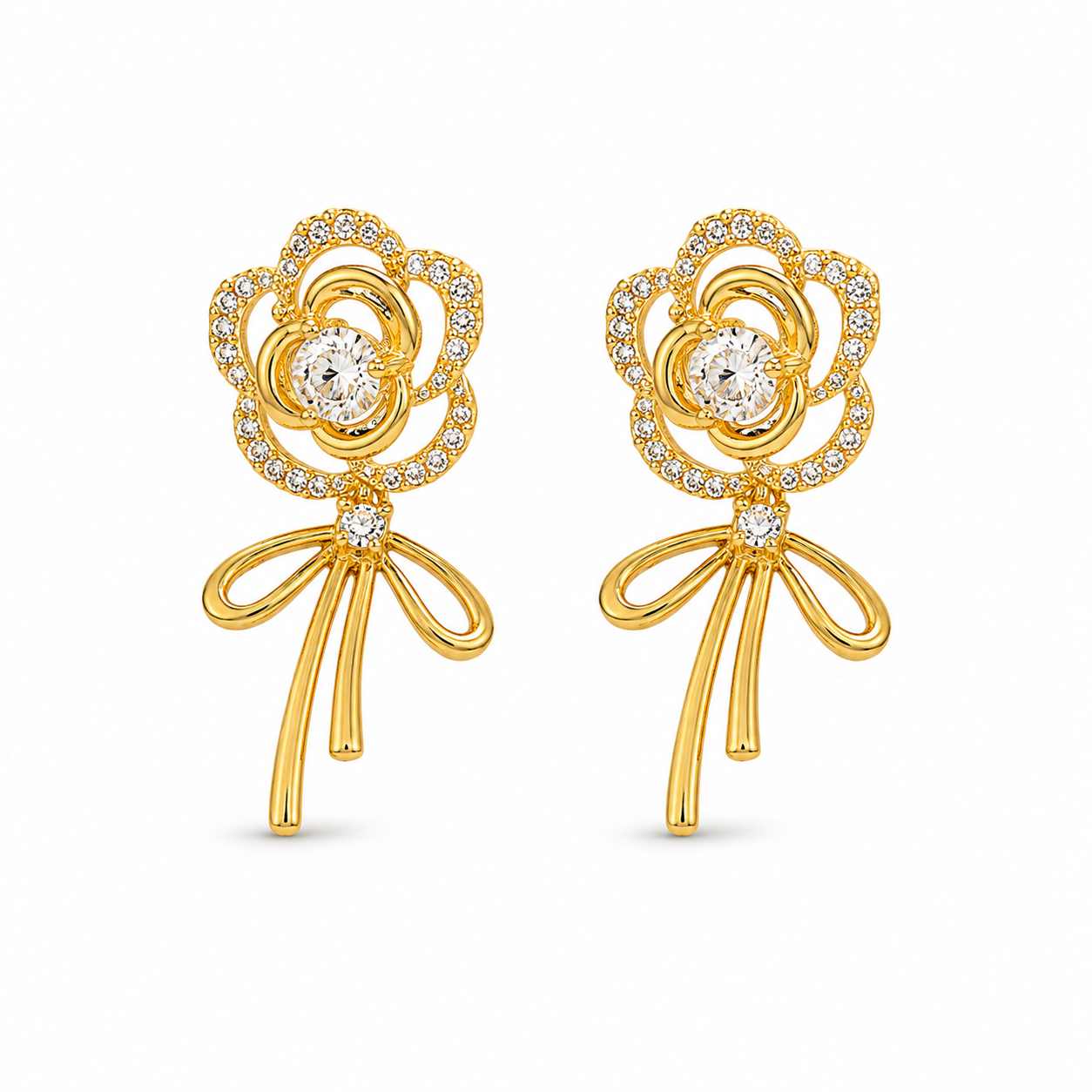 Rose & Ribbon Bow Crystal Gold Drop Earrings