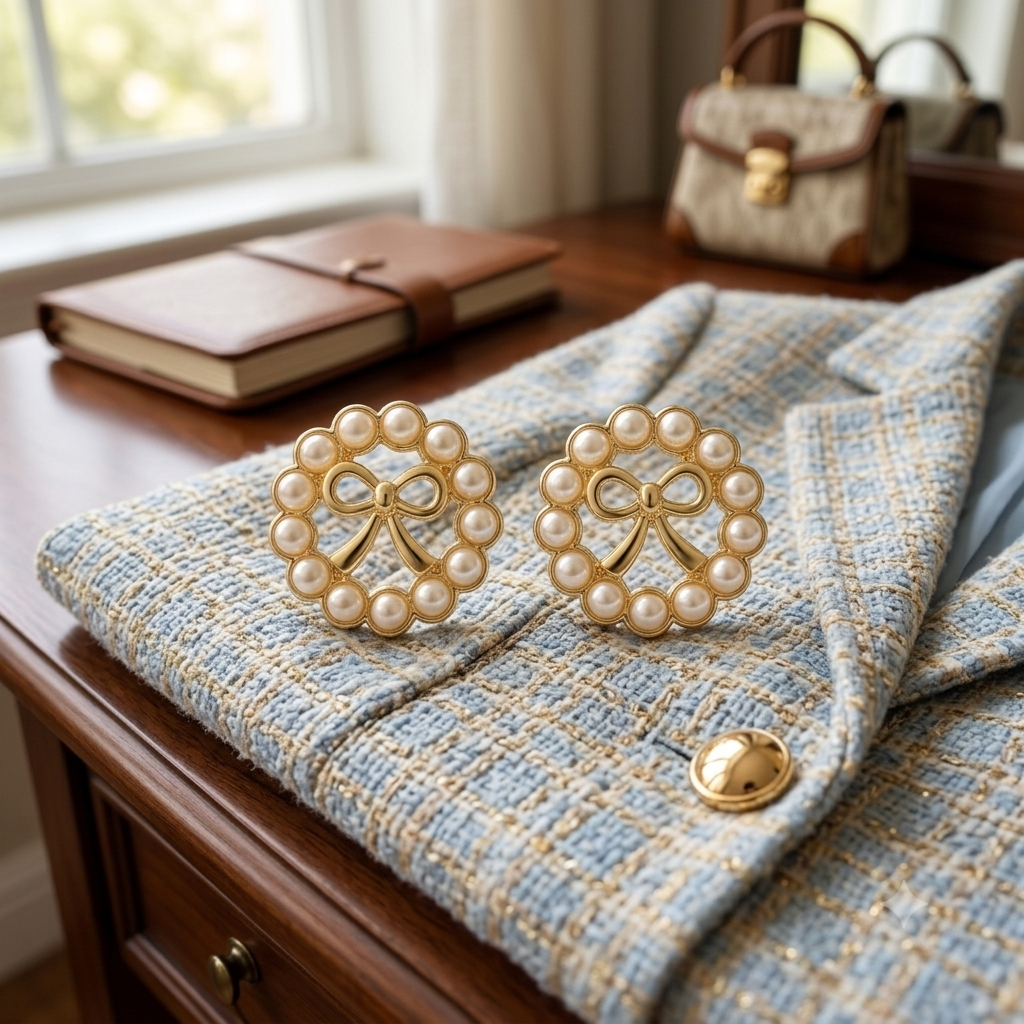 Pearl Wreath & Ribbon Bow Gold Stud Earrings