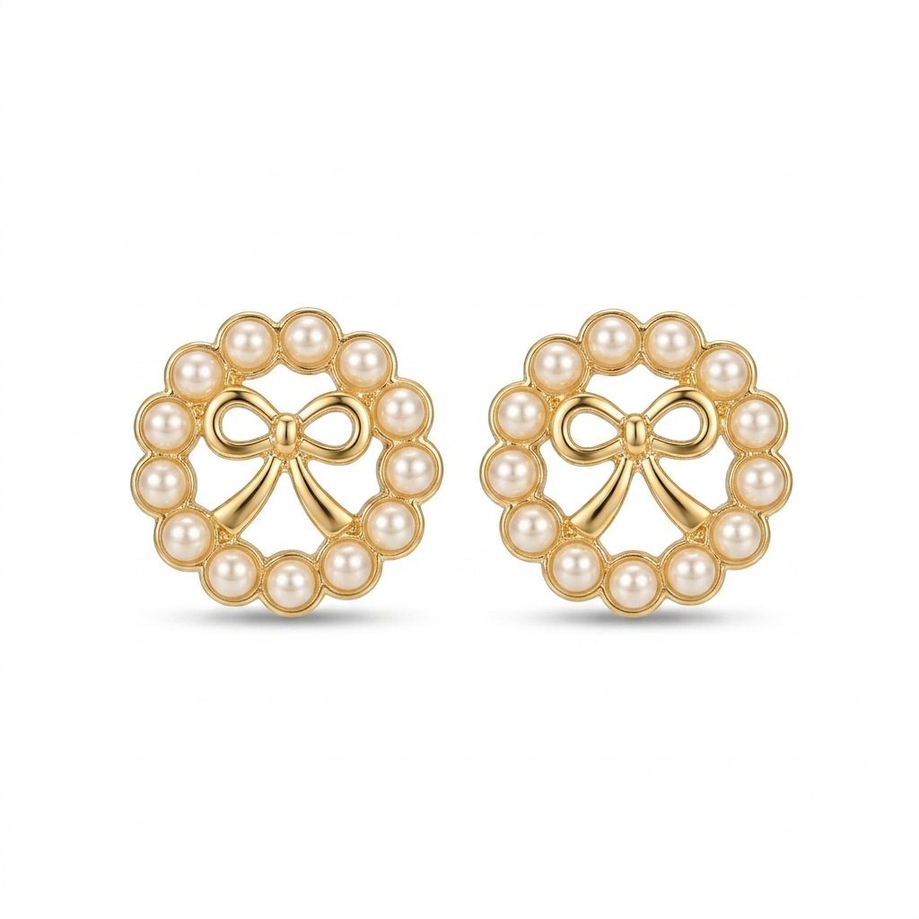 Pearl Wreath & Ribbon Bow Gold Stud Earrings