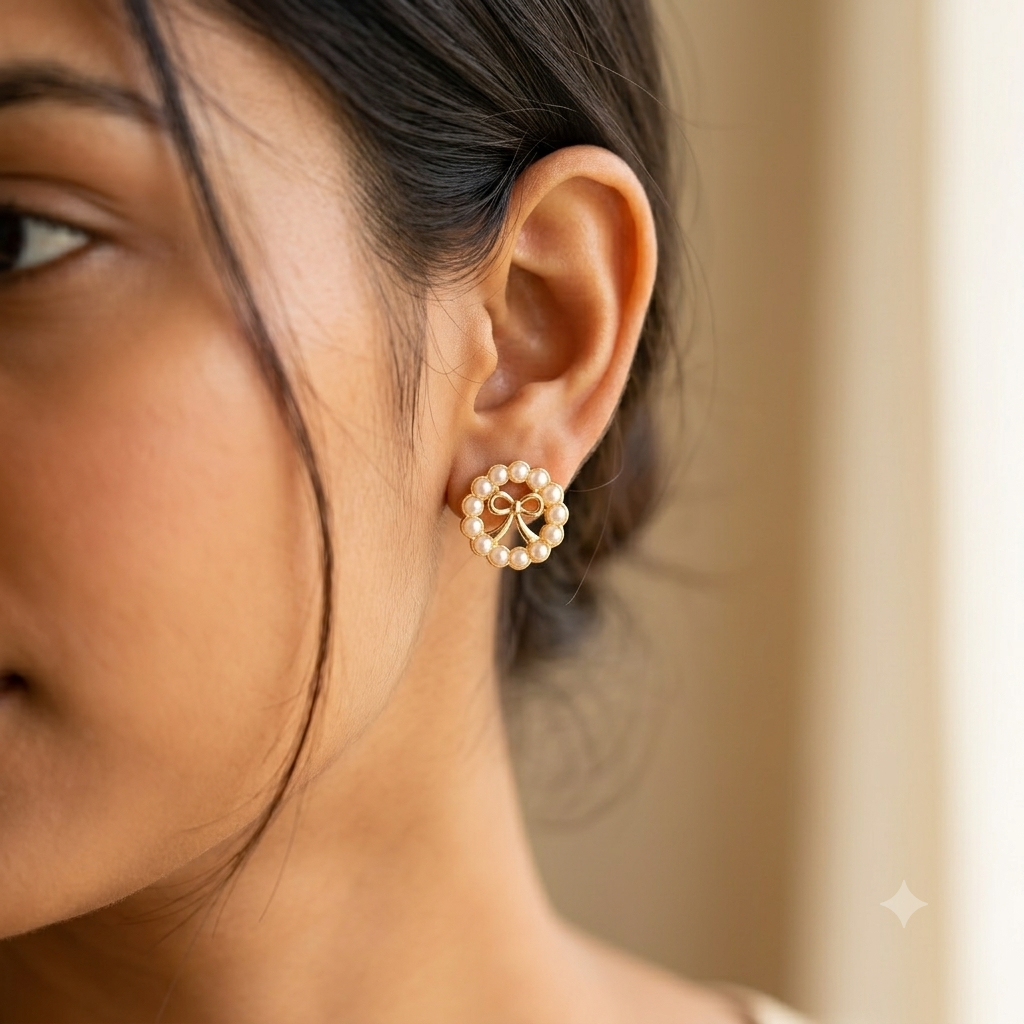 Pearl Wreath & Ribbon Bow Gold Stud Earrings