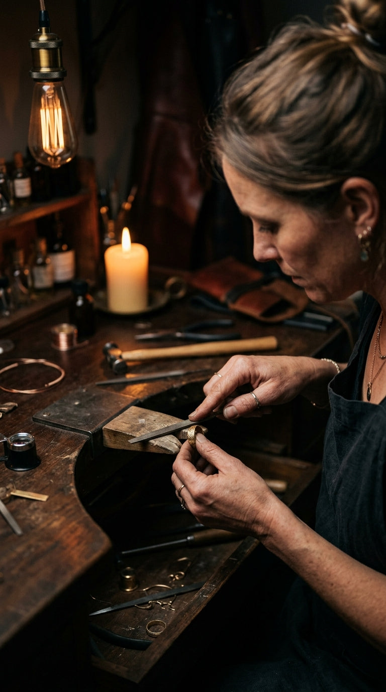 Jeweler crafting a gold ring in the atelier