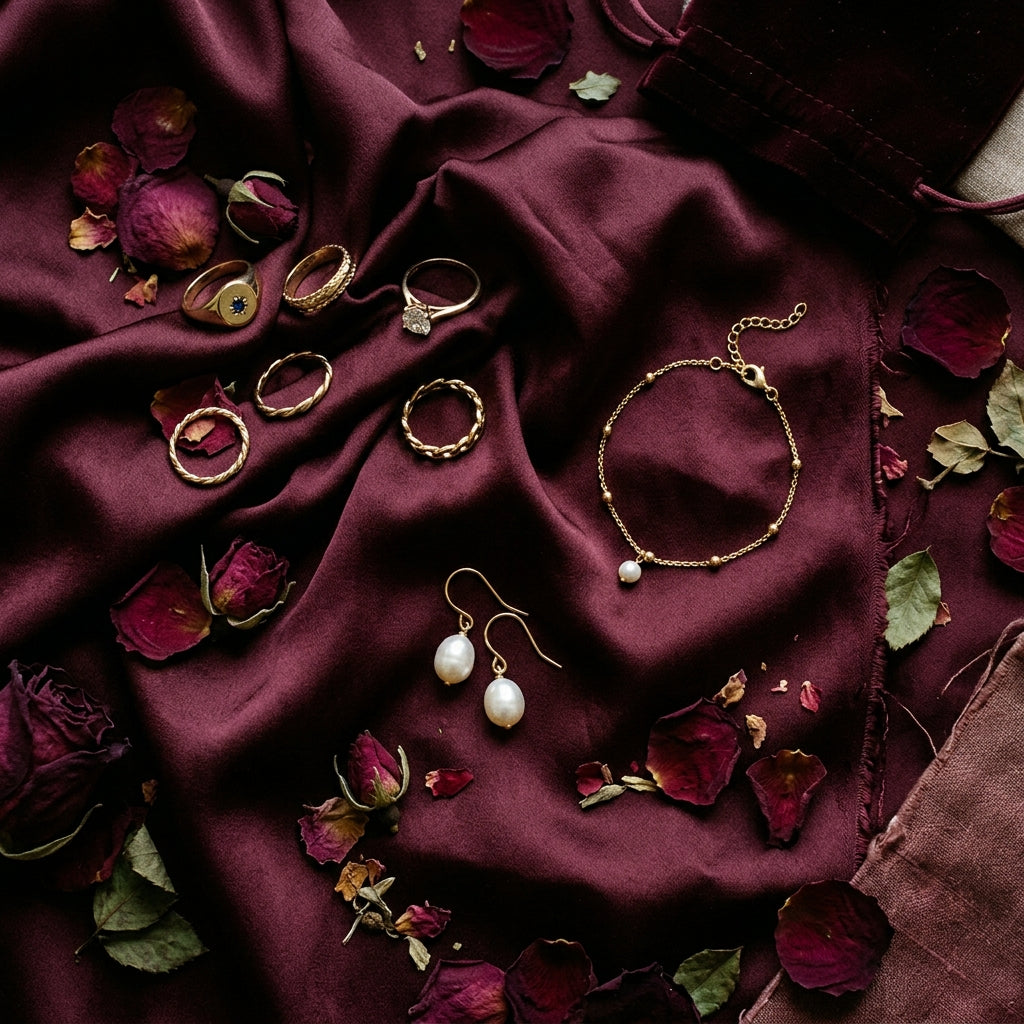 Gold jewelry flat lay on burgundy silk