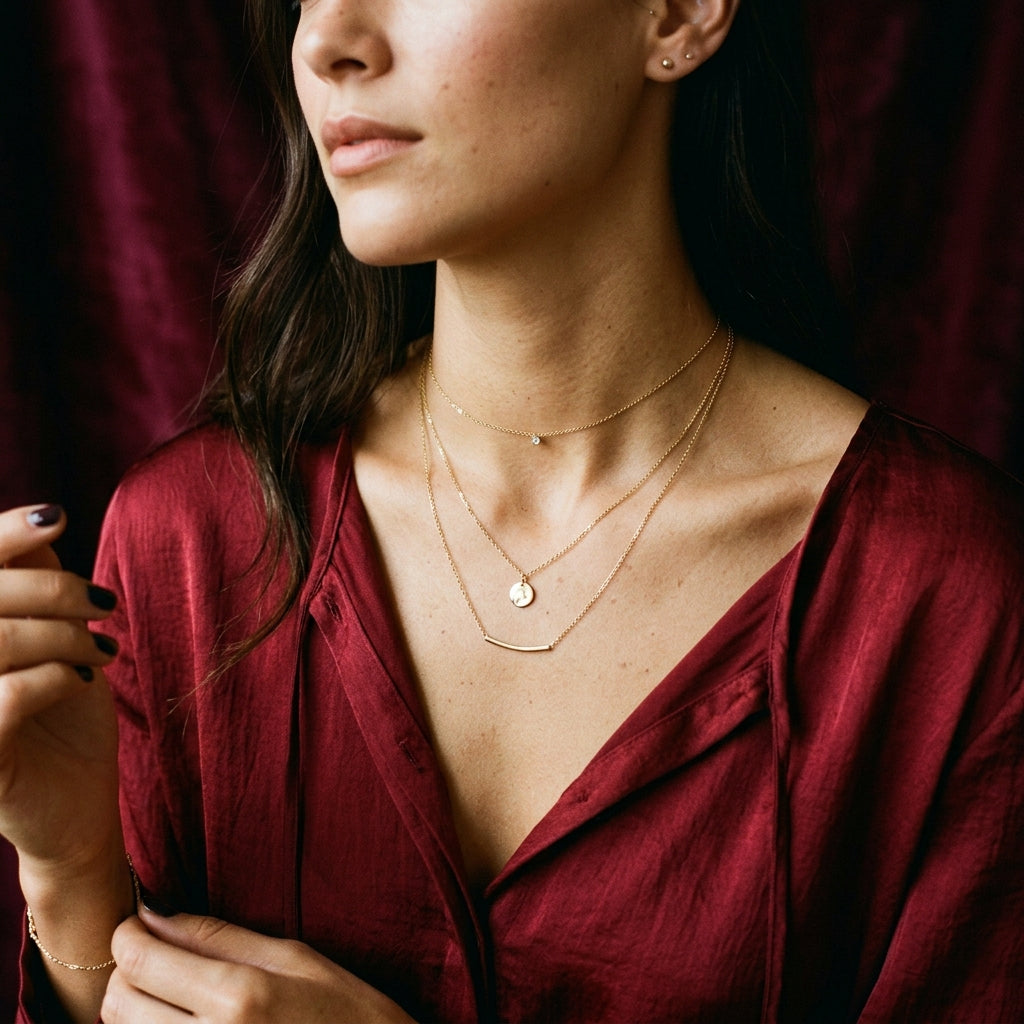 Layered gold necklaces on deep red silk
